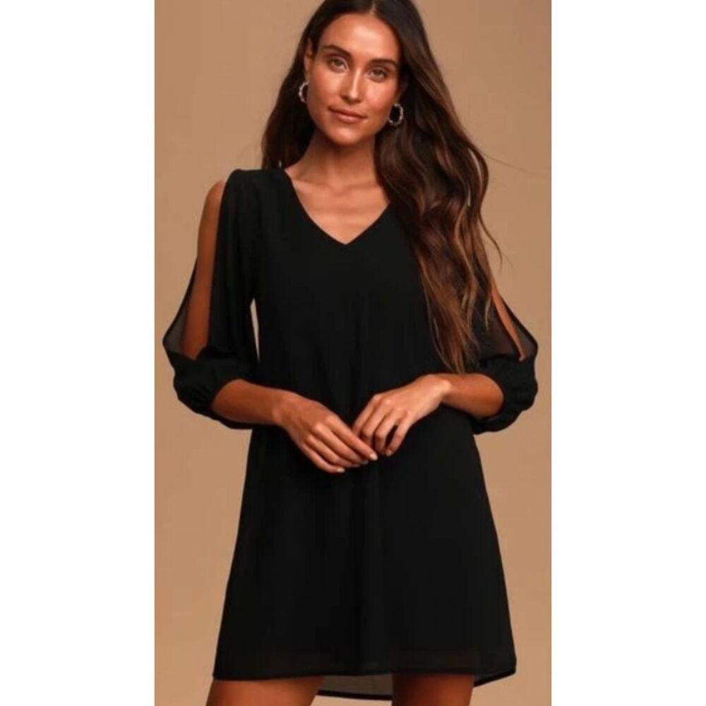 Lulus Shifting Dears Black Split Long Sleeve Cold Shoulder Mini Dress Size M